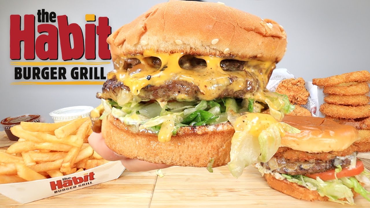 MUKBANG EATING Onion Ring Char Burger, Double Char Burger, Onion Rings, The Habit Burger Grill