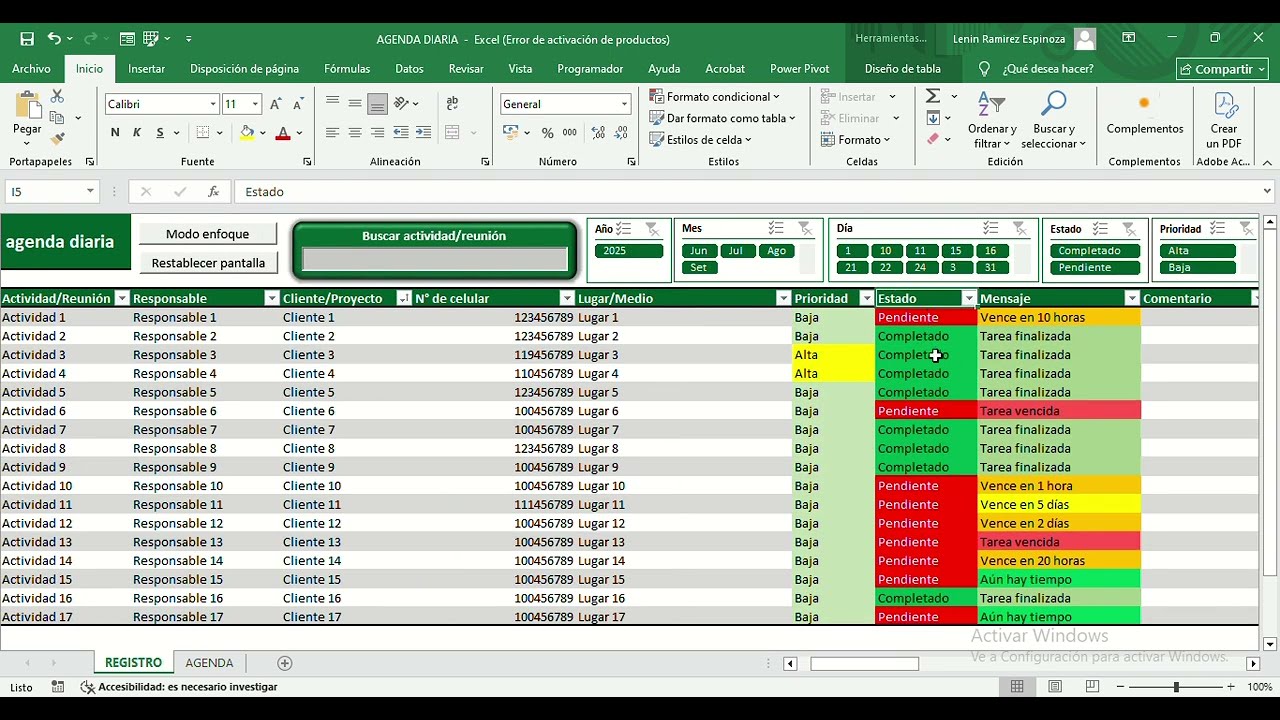 Presentación de la plantilla excel de agenda de actividades y reuciones