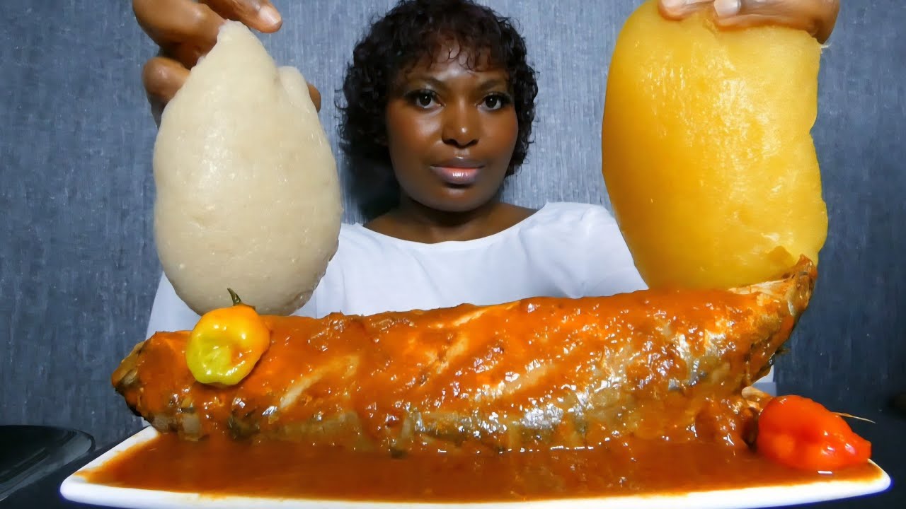 Asmr mukbang delicious spicy fish pepper soup with starch fufu & cassava fufu 