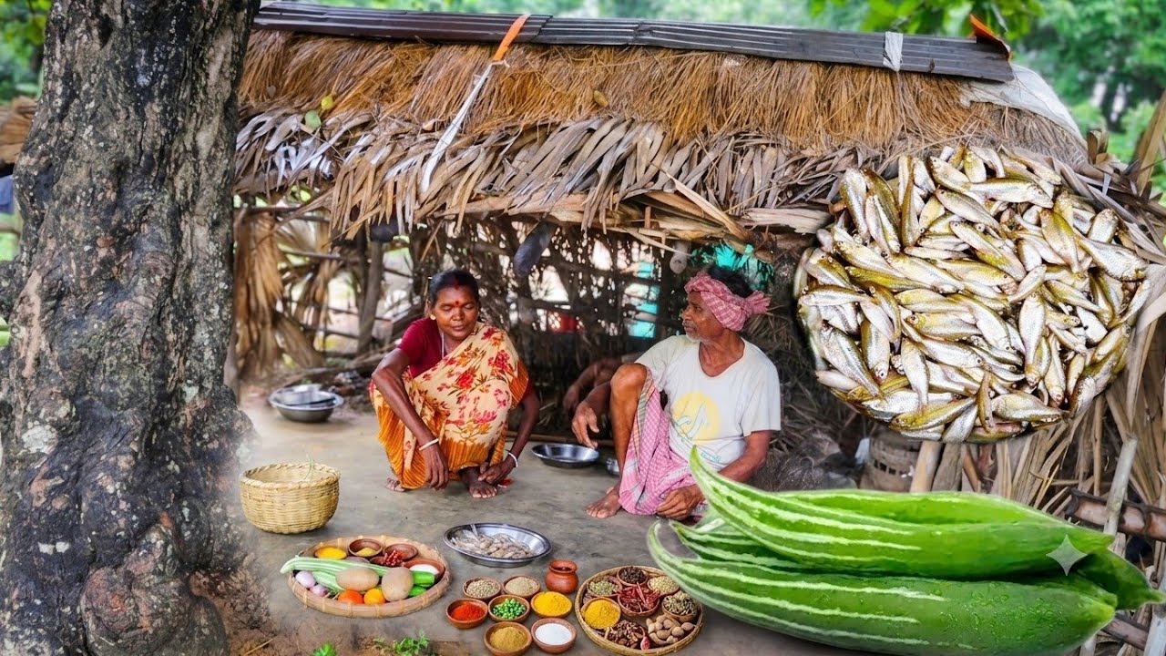 Santal Elderly Couple Cooks Small Fish Curry with Vegetables for Lunch