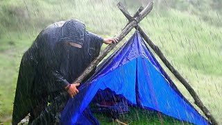 Solo Camping in a heavy storm. Building shelter to survive. Bushcraft. Camping in the rain