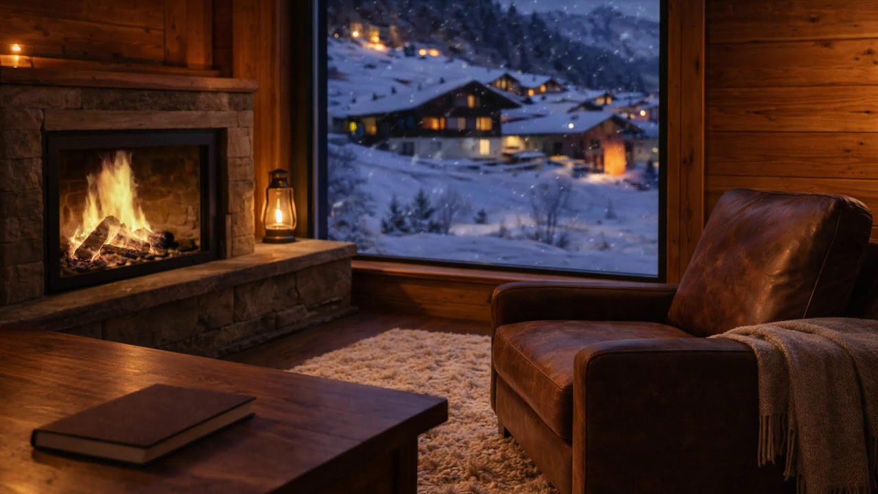A Tranquil Winter Night 🔥 Cozy Fireplace & Alpine Mountain View