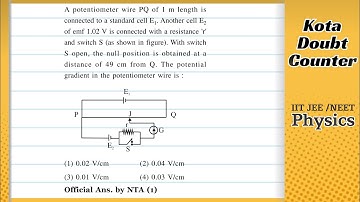 A potentiometer wire P Q of 1 m length is connected to a standard cell E 1. Another cell E 2 of emf