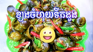 ម្ហូបខ្មែរ, Khmer Food,​ ខ្យងចំហុយទឹកដូង, Khmer Village food, Steamed snails in coconut water,