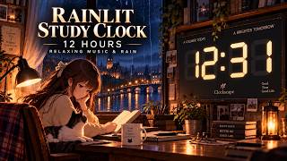 Rainlit Study Digital Clock 🌧️ | 12 Hours of Relaxing Music & Rain Sounds screenshot 5