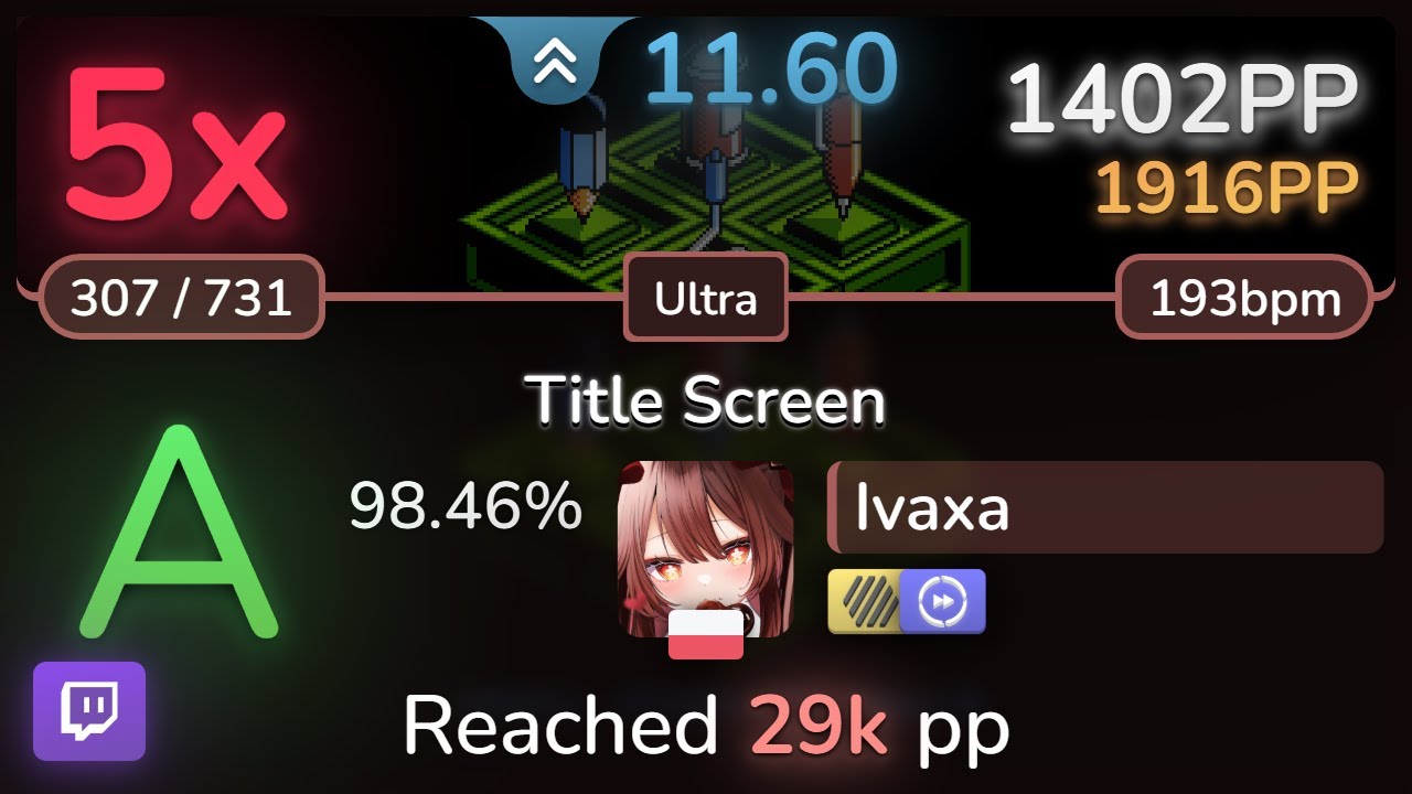 🔴 11.6⭐ Ivaxa | Tim Follin - Title Screen [Ultra] +HDDT 98.46% | 1402pp 5❌ - osu!