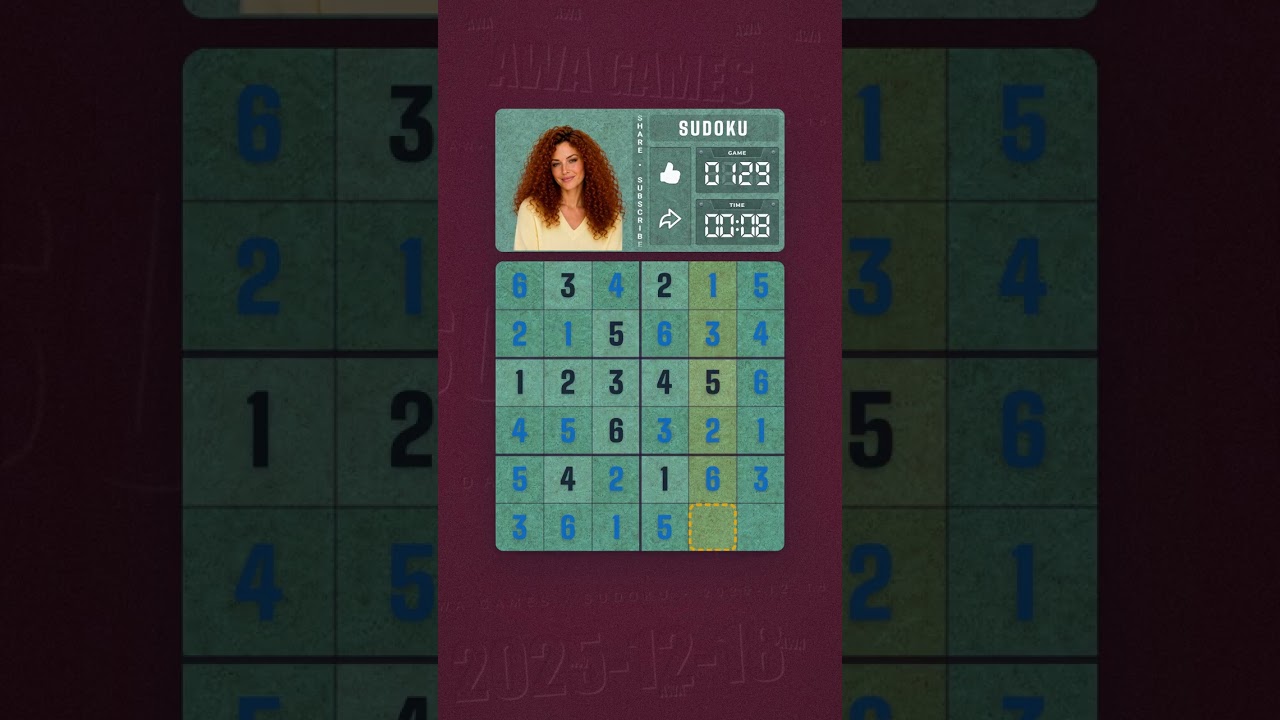 LinkedIn Mini Sudoku #129 solved board for December 18, 2025, 6x6 grid