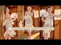 Zapaka Women Champagne 1920s Gatsby Dress with Sequins Deep V-Neck Flapper Dress with Fringes