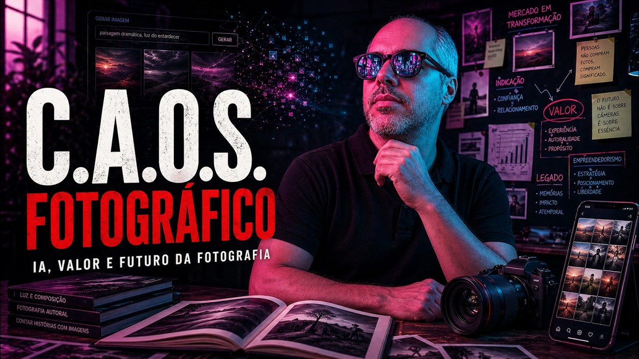 Leo Saldanha em retrato com luz rosa e azul, usando óculos escuros, em composição editorial sobre inteligência artificial, fotografia e mercado.