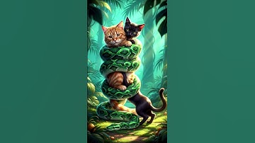 Cat wrapped around python, another cat tries to save the wrapped cat Abundance Meditation, Wealth.