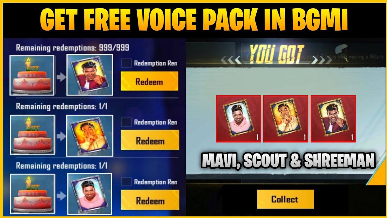 GET FREE VOICE PACK IN BGMI | SCOUT, MAVI & SHREEMAN LEGEND VOICE PACKS ...