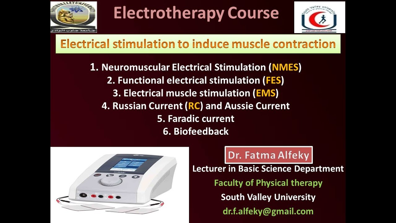 Electrical stimulation to induce muscle contraction NMES, FES, EMS