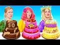 100 LAYERS OF FAMOUS FOOD 💖🖤 Pink Girl vs. Violet Girl! Black vs. Pink Food Challenge by 123 GO FOOD