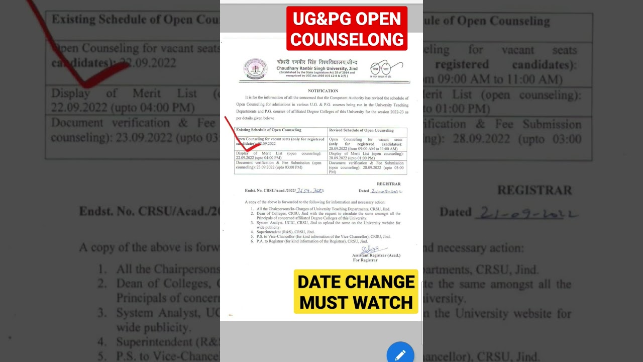 Crsu ug and pg open counseling date change