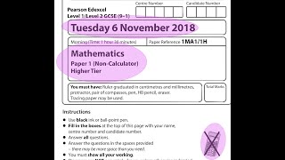 EDEXCEL GCSE Maths. November 2018. Paper 1. Higher. Non-Calculator. 1H.