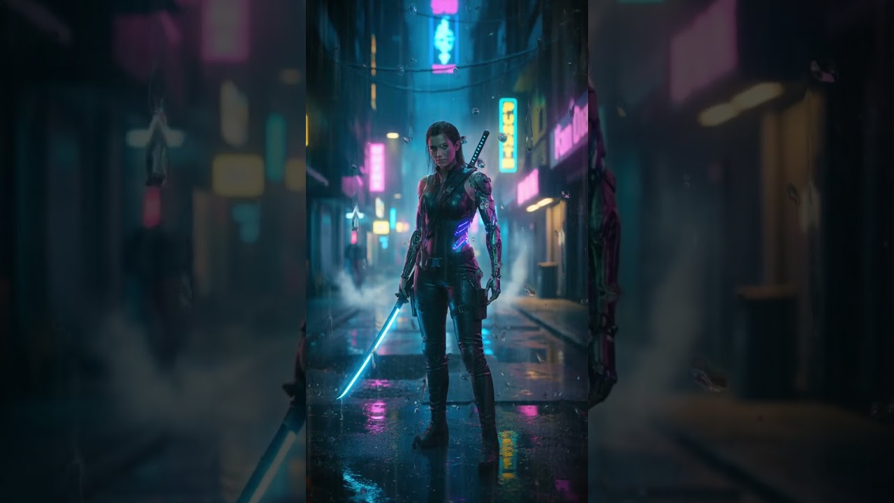 Cyberpunk Samurai in Neon Rain | Static Cinematic Loop
