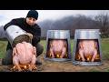 Giant Turkey Roasted Under Buckets In Open Fire!