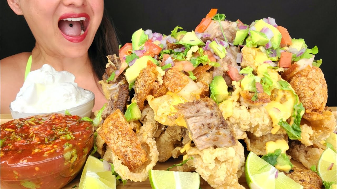 MESSY CHICKEN SKIN/LECHON PORK BELLY NACHOS!! ASMR MUKBANG OMAD CRUNCHY EATING NOISES BIG BITES