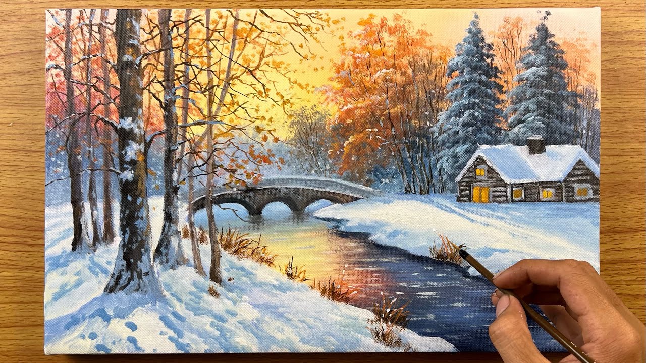 How to Paint a Snowy Winter Landscape | Acrylic Painting on Canvas | Relaxing Art Tutorial