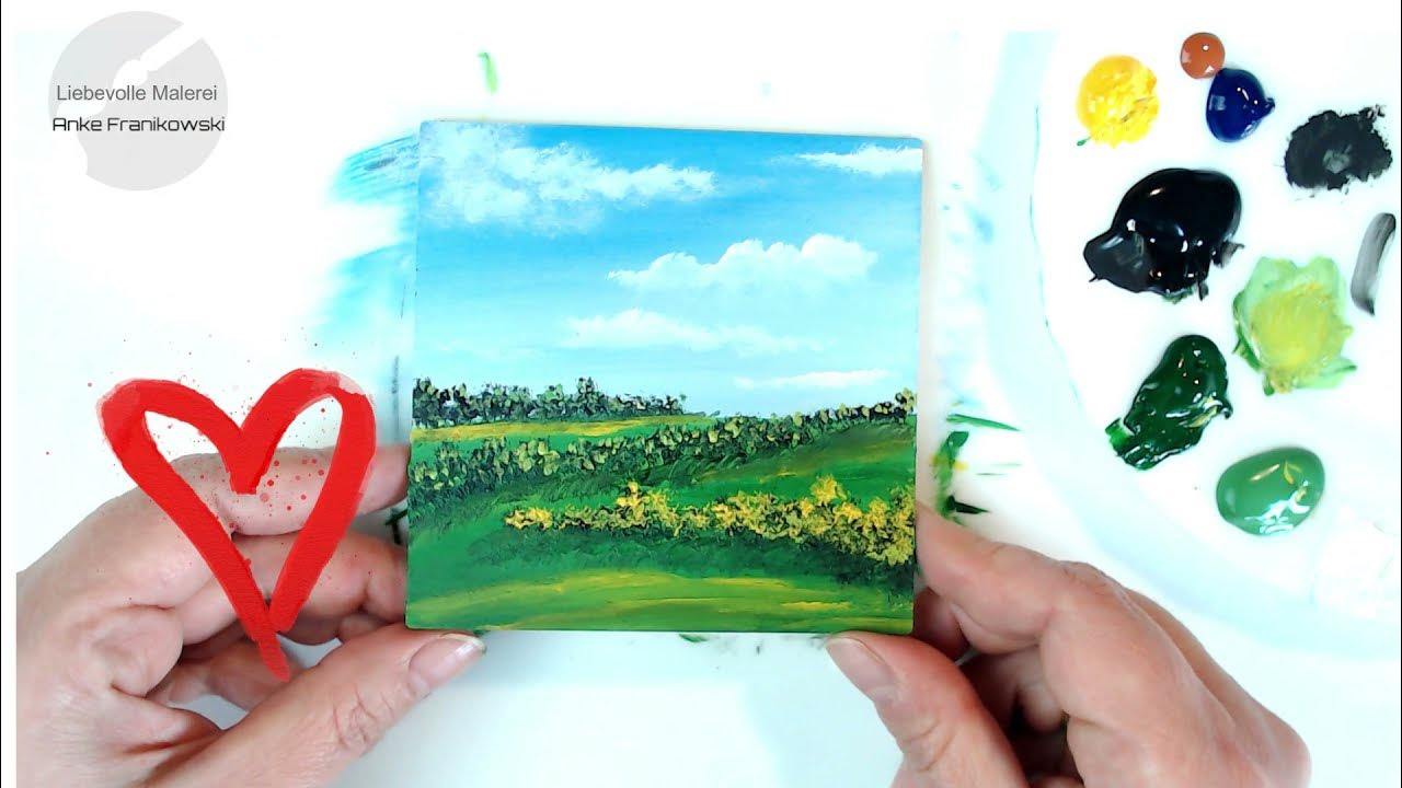 Einfaches MOTIV Landschaft malen mit Wiesen & Büschen mit Acryl