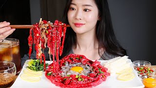 육회국수 낙지탕탕이 리얼사운드먹방/RAW BEEF NOODLES & LIVE OCTOPUS! EXOTIC KOREAN FOOD SteakTartare Mukbang Eating