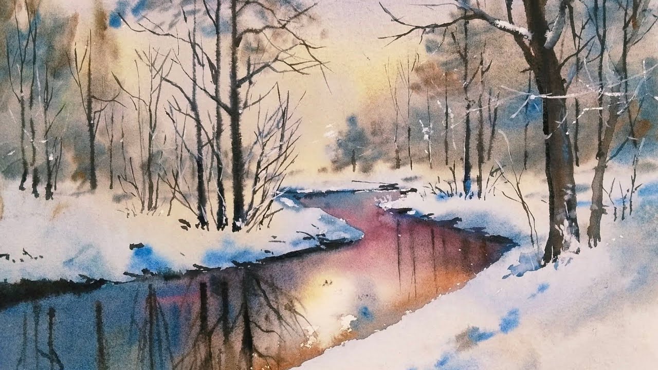Peaceful Winter Watercolor Landscape