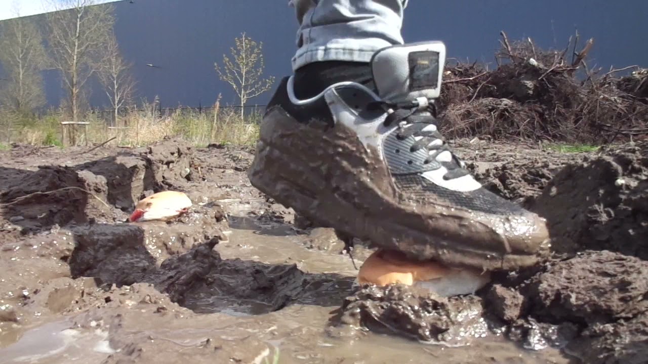 Well worn dirty Nike Air Max 90 (for sale) food stomp, trample buns / bread  with salami in mud - YouTube
