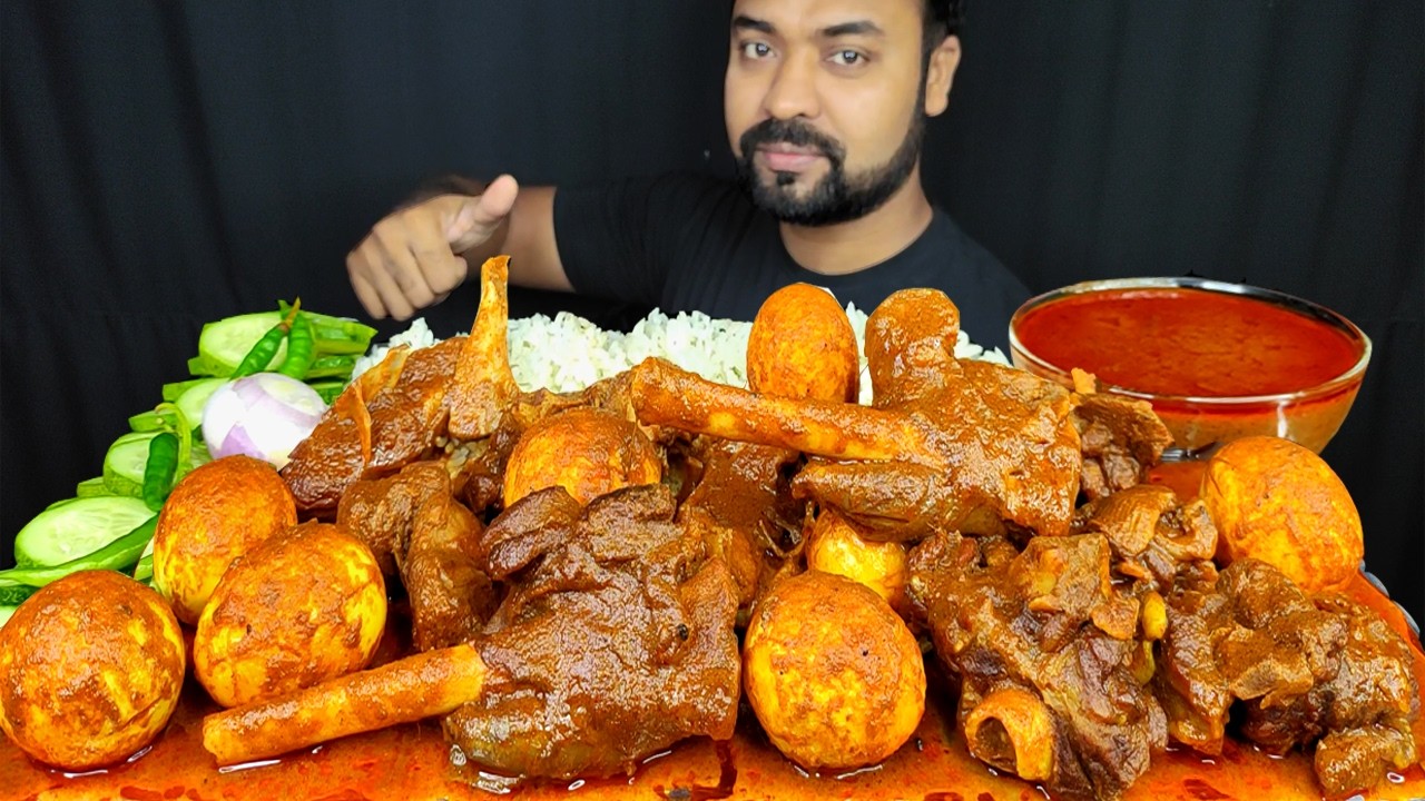 SPICY MUTTON CURRY, MUTTON LEG PIECE, EGG CURRY, GRAVY, RICE, SALAD MUKBANG EATING SHOW | BIG BITES