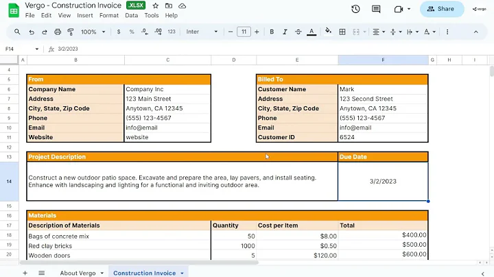 Vergo Construction Invoice Template in Google Sheets