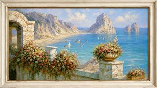 Blue Bay & Flower Terrace over Sunlit Cliff | Relaxing Oil Painting | Mediterranean Calm 2 Hours