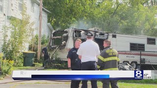 RV camper catches fire on Otis Street in Rochester, responding RFD truck gets involved in crash