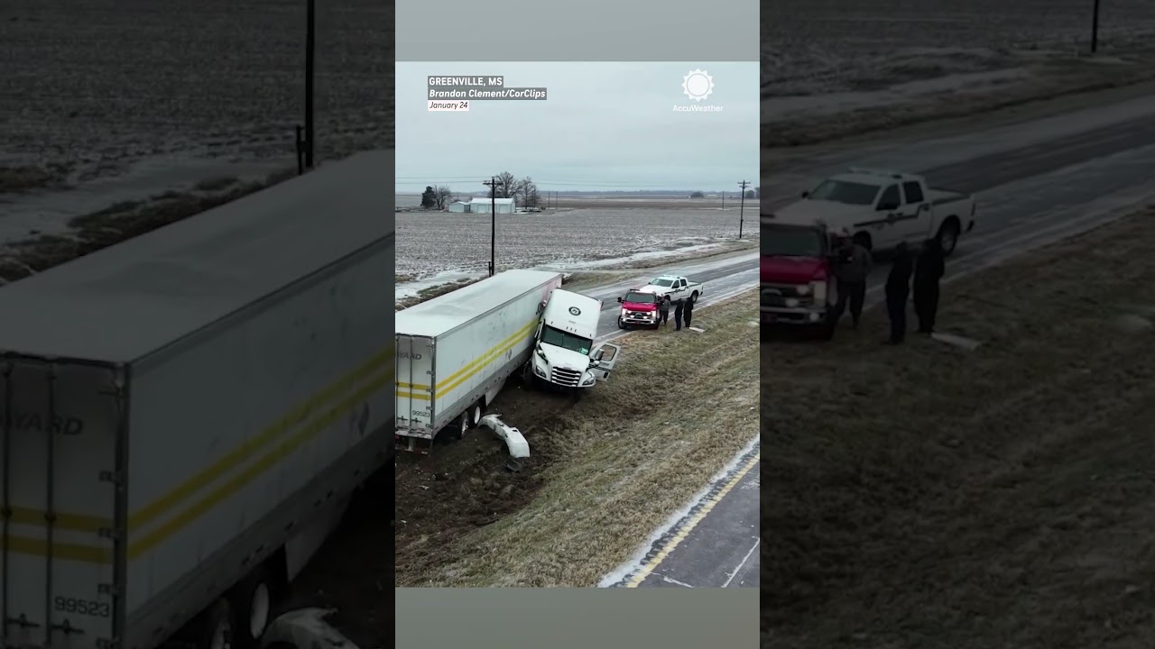 Ледяной шторм сделал дороги в Миссисипи опасными | Легковые автомобили и грузовики съехали с дороги.