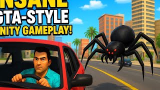 INSANE Unity 3D GTA-Style Gameplay! Drive Cars, Fight Spiders &amp; Explore City!