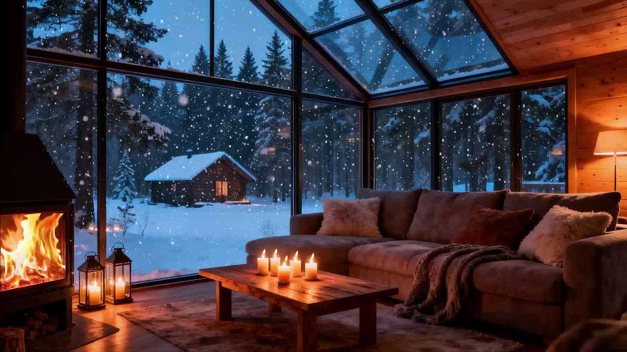 City Snowfall Through the Glass Walls 🔥 Modern Fireplace and Night Calm