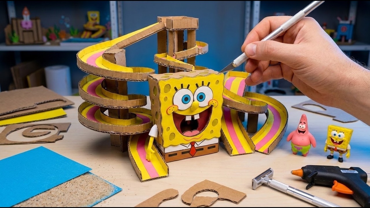 SpongeBob Turned Into a Slide?! 🧽💦 | DIY Waterpark From Cardboard
