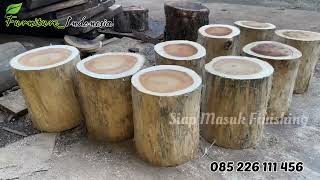 Proses pembuatan stool bulat balok kayu utuh