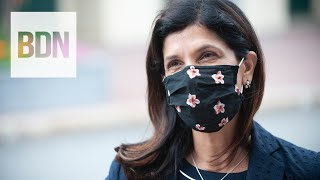 Sara Gideon speaks to reporters on Election Day in Bangor