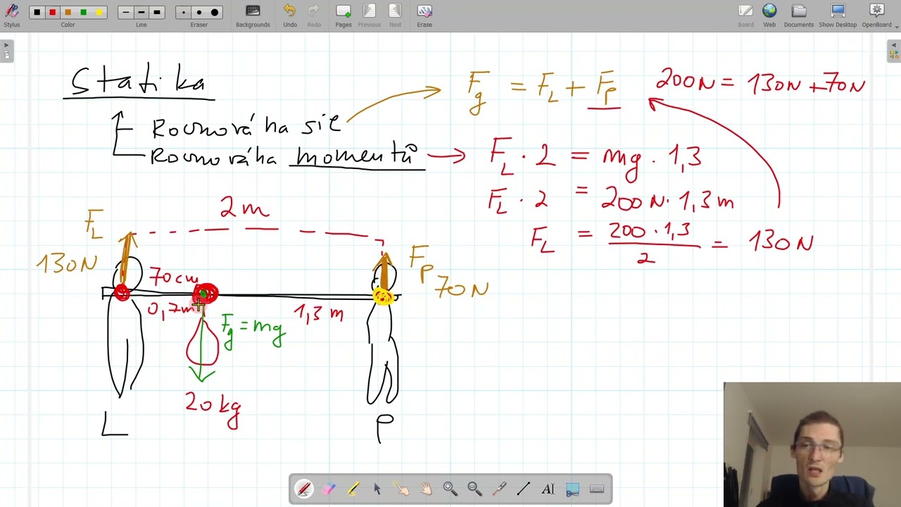 FS-1.7.  Statika, rovnováha momentů sil, výklad + řešený příklad