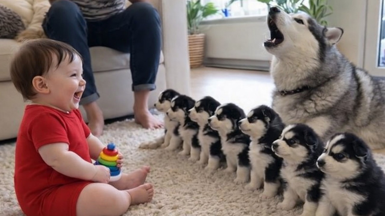 Baby talk, dogs react 😂🐶 Hilarious moments of Huskies and Golden Retriever puppies!🇺🇸