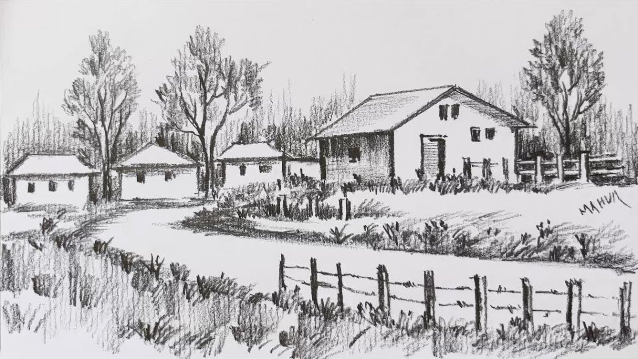 How to draw a basic landscape with houses? | Pencil Shading | Village ...
