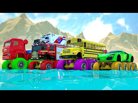 Camión de bomberos gigante, Camión gigante, Autobús gigante🚒🚔-Camiones Gigantes VS Charco Gigante🚒🚔