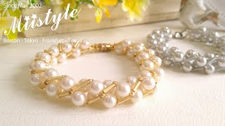 ビーズステッチ 】パールと竹ビーズのブレスレットNo.29 ビーズステッチ 】パールと竹ビーズのブレスレットNo.29