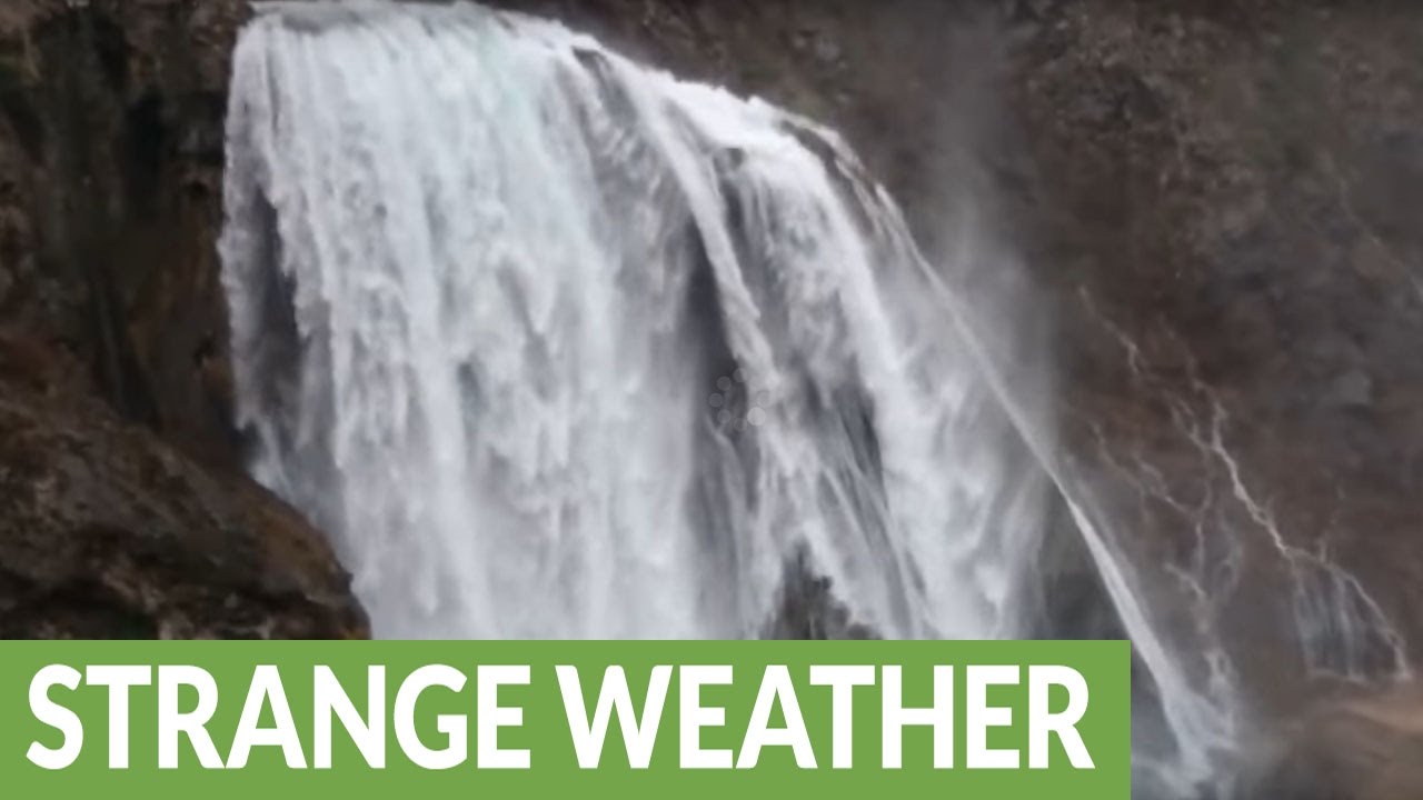 Waterfall in Croatia blown upwards by high winds