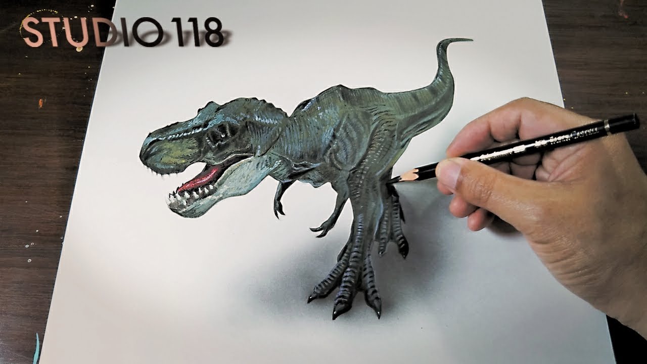 I Tried To Draw Jurassic World Tyrannosaurus Realistically Drawing Studio 118 Youtube