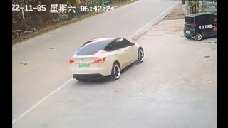 CCTV of Tesla crash in China. 2 dead, 3 injured