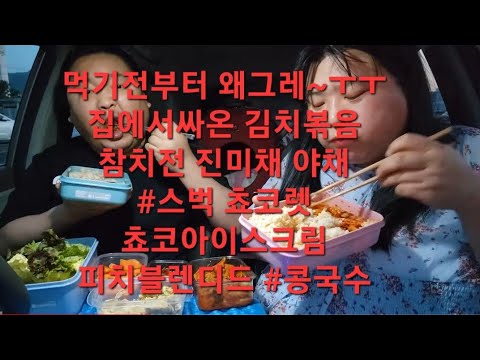 복부인 댄스-먹기전부터 왜그레~ㅜㅜ 집에서 싸온 김치볶음 <strong>참치전</strong> 진미채 야채 스벅 쵸코렛 쵸코아이스크림 피치블렌디드 콩국수 먹방 mukbang