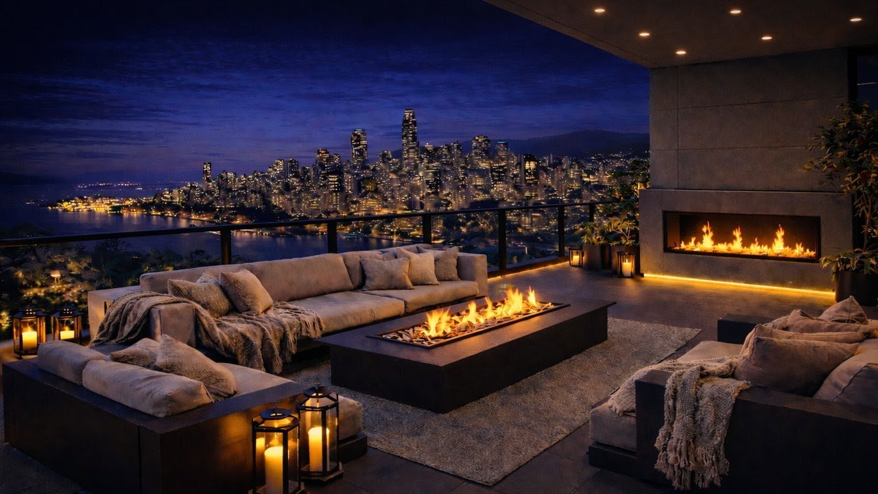 Luxury City Jazz Ambience 🌆🔥 Cozy Fireplace • Night City Views