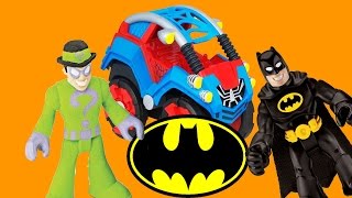 The Riddler steals Spiderman car. Batman comes to the rescue! imaginext spider-man toys