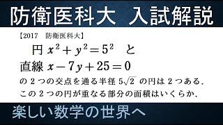 ＃184　難関大学入試問題解説　2017防衛医大入試　数Ⅱ　２円の交わりの面積【数検1級/準1級/中学数学/高校数学/数学教育】JJMO JMO IMO  Math Olympiad Problems