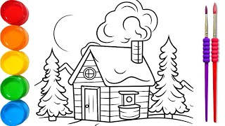 how to draw a house, tree and sun for beginners and color it